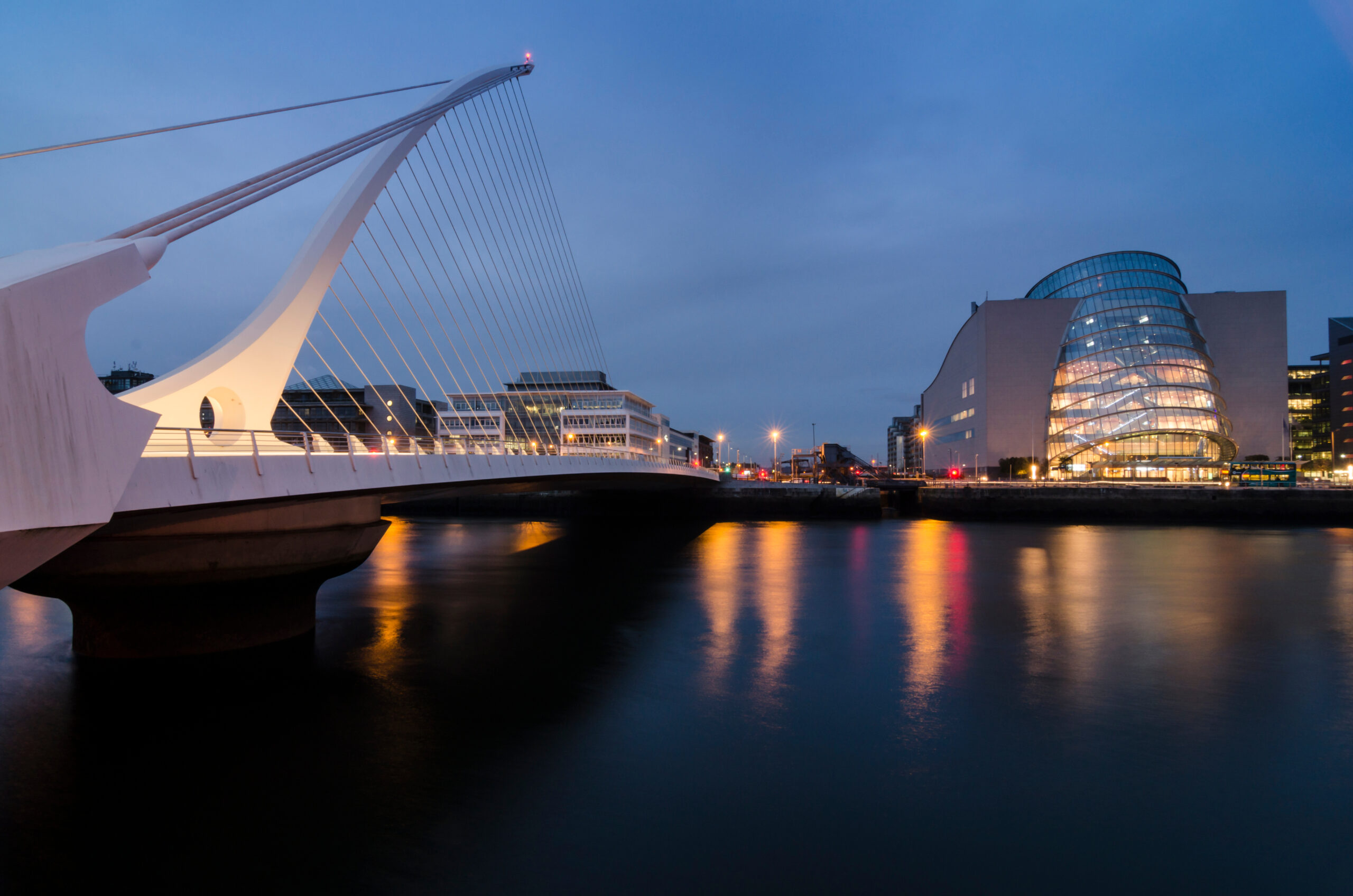 Harp bridge over river at Dublin by Night